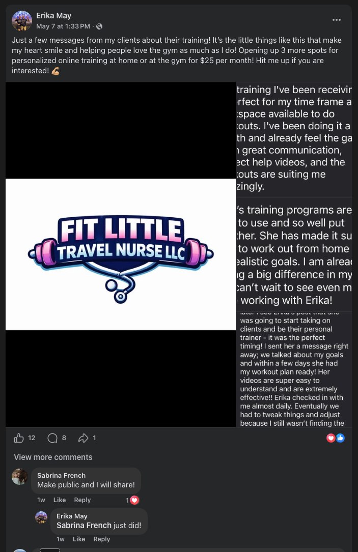 Facebook post with client testimonials